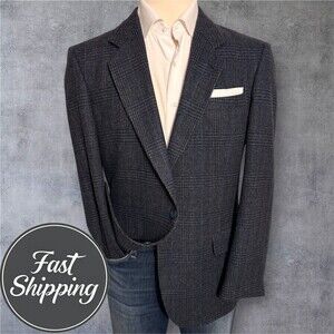 WOODMERE Vintage Mens Blazer Sport Coat 42R Jacket Navy Blue Wool Windowpane